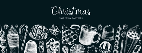 Christmas food background. Christmas market design template. Hand-drawn vector illustration. Hot drinks, candies, cookies, pastries sketches. Winter holiday menu border on chalkboard. Seamless pattern
